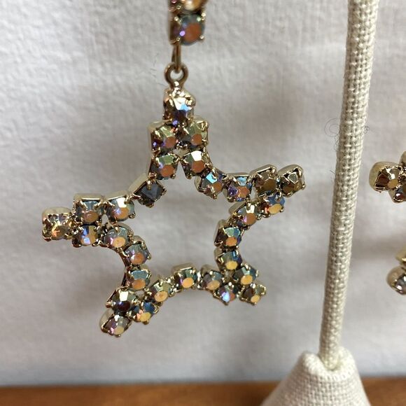 Gold Aurora Borealis Rhinestone Large Star Dangle Earring - Picture 7 of 7